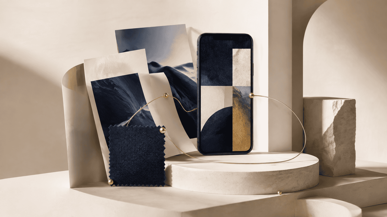 Creative brand system with a phone, folded paper and fabric on an ivory architectural stage