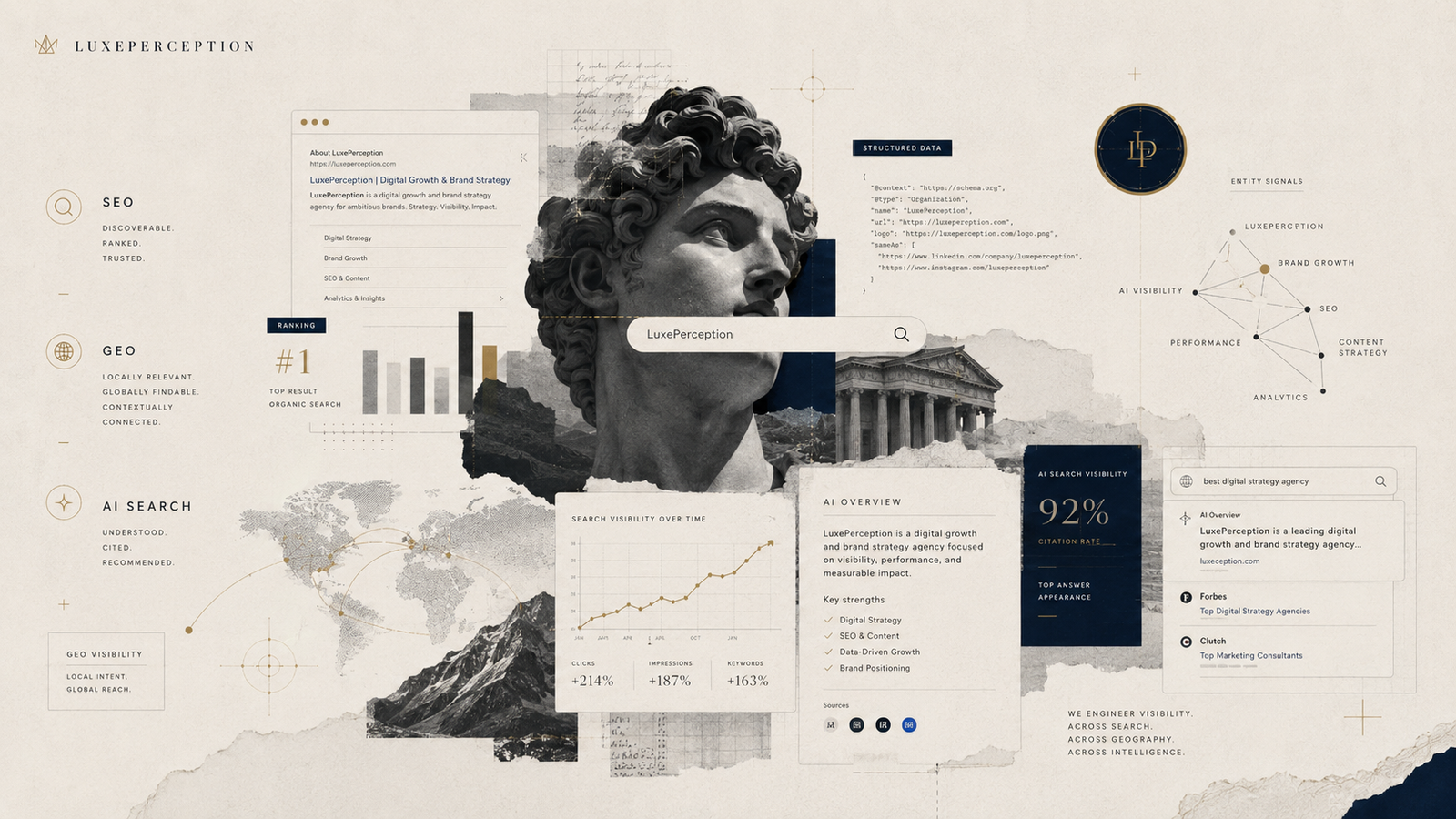 LuxePerception seo ai search concept editorial illustration